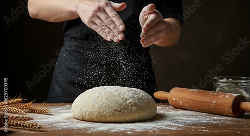 Baker sprinkling flour on dough on a wooden table with wheat and rolling pin, preparing homemade bread in a rustic kitchen for a healthy meal