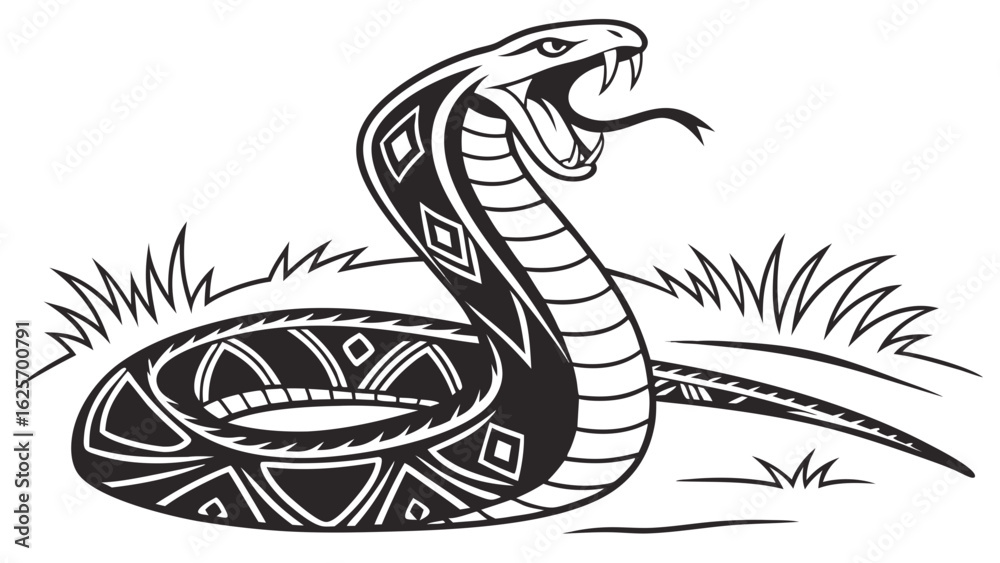 Naklejka premium Illustration of a stylized snake with geometric patterns in a grassy environment menacingly poised