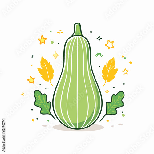 Charming Illustration of a Zucchini Surrounded by Autumnal Elements on White Background