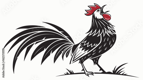 Illustration of a stylized rooster crowing with a red comb and wattle on a white background design