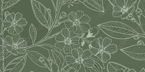 Elegant floral pattern with delicate flowers and leaves in a soft green hue