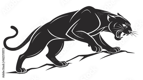 Illustration of a black panther roaring while standing on a rocky surface with a white background