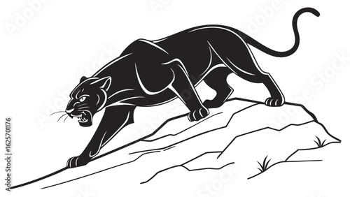 Black panther prowling on a rocky terrain with an open mouth and sharp teeth in black and white style