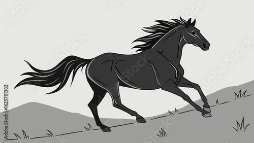 A dark horse gallops across a grassy hill with its mane and tail flowing in the wind in a simple drawing