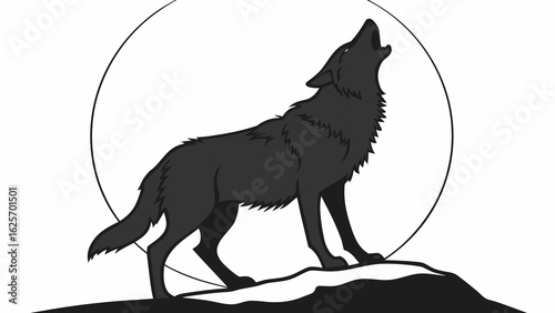 Silhouette of a wolf howling at the moon standing on a rocky surface in black and white tones