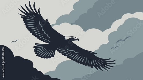Eagle soaring through a cloudy sky with wings spread wide and smaller birds flying in the distance above clouds