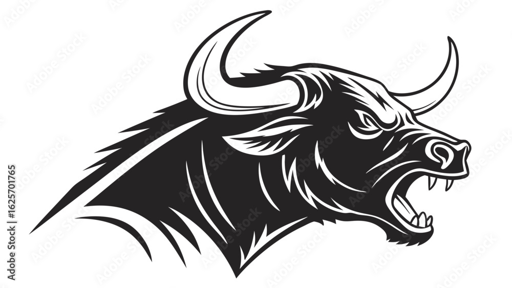 Fototapeta premium Illustration of a fierce black bull head with sharp horns and an open mouth in a side view design