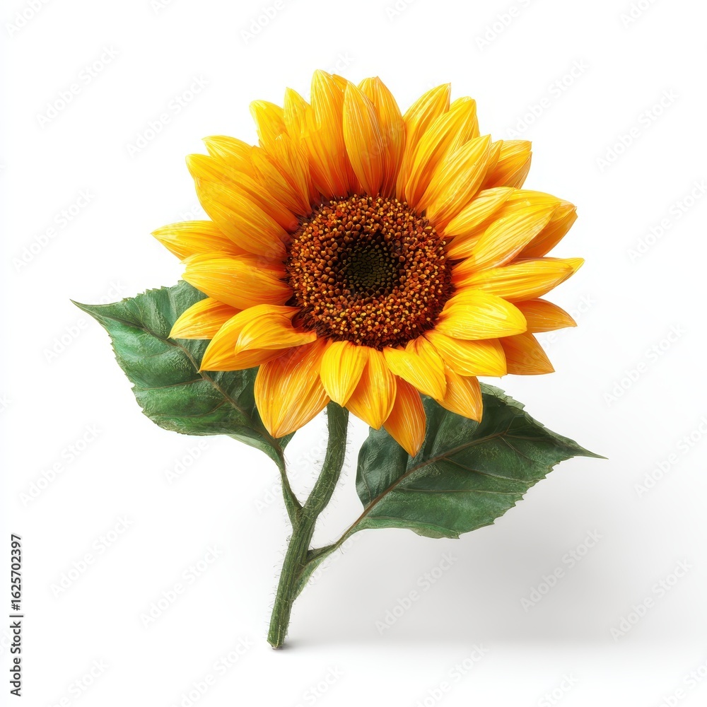 Fototapeta premium Vibrant yellow sunflower with dark brown center, two leaves, and stem on white background