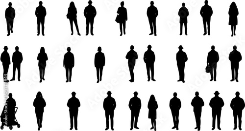 Silhouettes of people isolated on transparent background. Minimalist monochromatic vector graphic for architectural rendering, urban planning, design, presentations, and web use