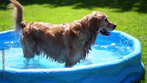 Golden retriever stands in a blue wading pool, wet fur, grass lawn in background