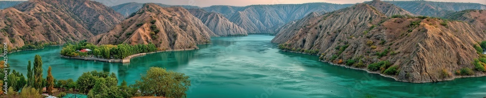 Obraz premium Crystal-clear mountain lake in Chimgan, Uzbekistan, reflecting clouds and cliffs, surrounded by lush green hills under bright summer sky, photorealistic view.