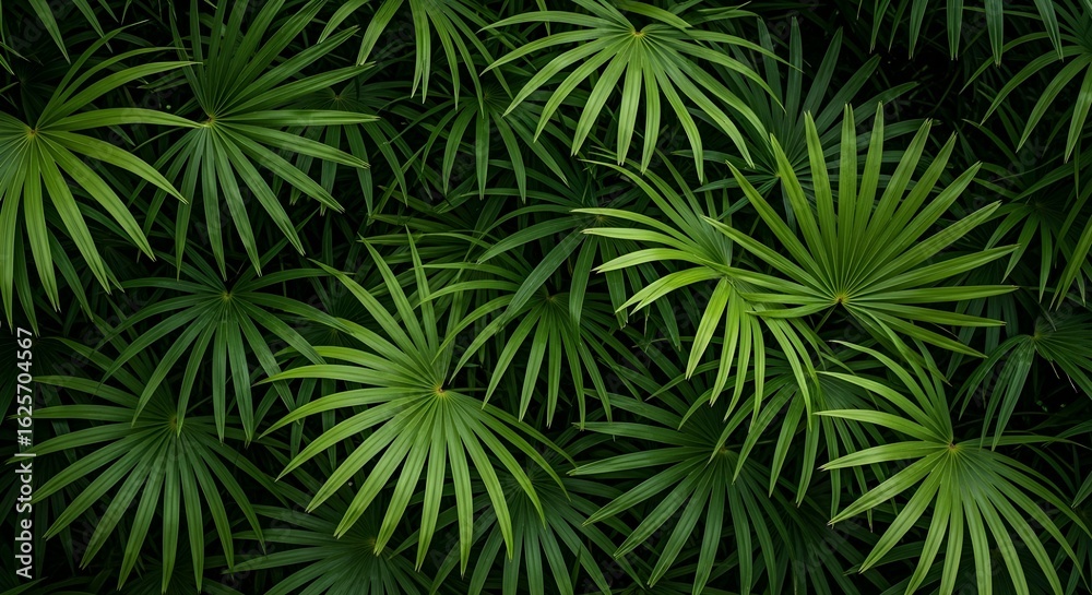 Obraz premium A dense arrangement of saw palmetto leaves creating a lush green tropical background texture image