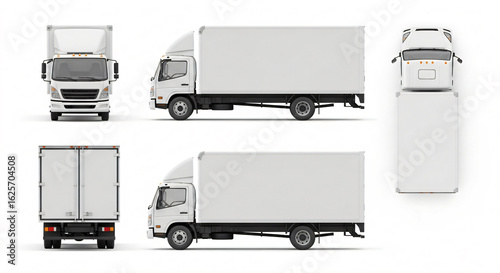 Multiple views of a white box truck, including front, side, top, and rear perspectives.