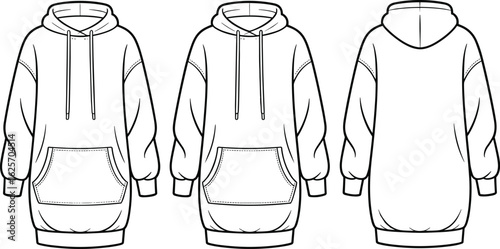 Hoodie front side back view sketch, long sleeve garment design, kangaroo pocket mockup, drawstring hood vector, fashion illustration layout, apparel template drawing.