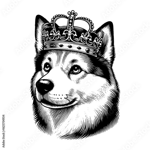 Siberian husky dog wear crown sketch engraving black and white outline. Scratch board imitation.