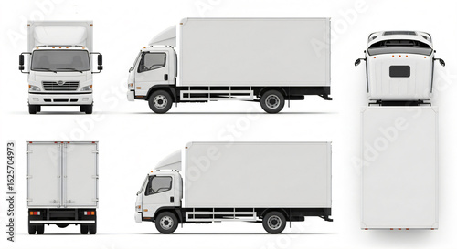 Various views of a white box truck, including front, rear, side, and top perspectives.