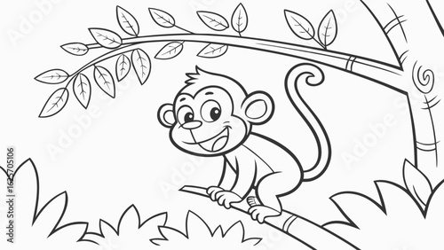 Vector Cartoon funny Monkey, funny image in the forest, Coloring book page for children. Line Art isolated on white background