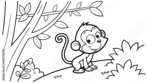 Vector Cartoon funny Monkey, funny image in the forest, Coloring book page for children. Line Art isolated on white background