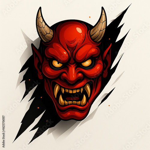 Halloween Japanese Oni Demon Mask Vector Illustration with Torn Paper Effect