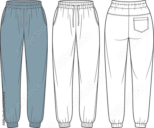 Jogger pants front back side views, blue color fashion sketch, drawstring waistband, elastic cuffs design, pocket layout, apparel mockup, technical clothing illustration.