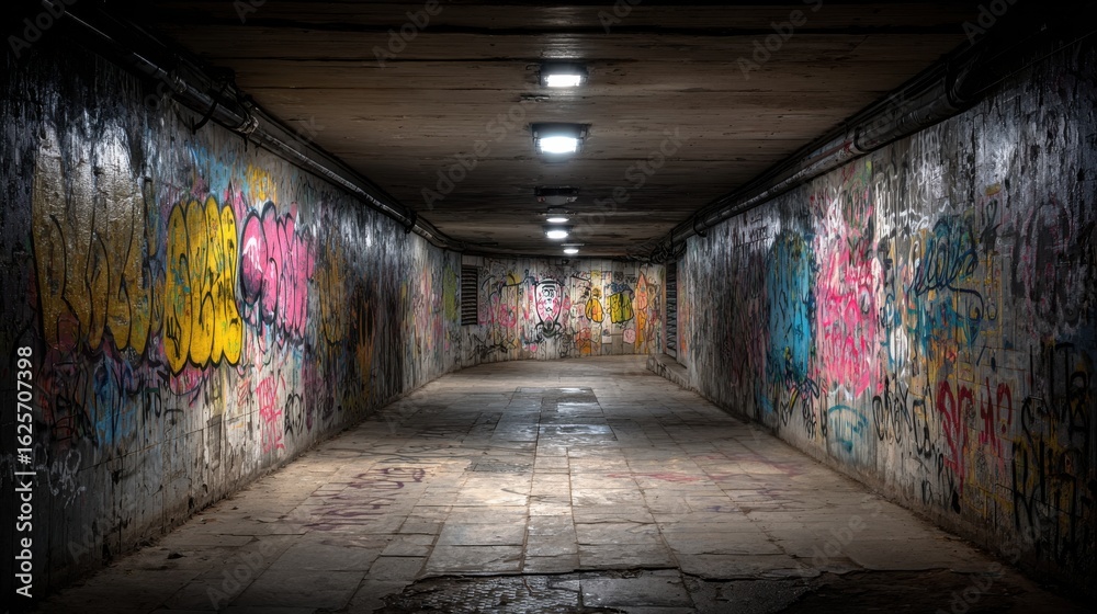 Fototapeta premium Urban tunnel interior with minimal graffiti