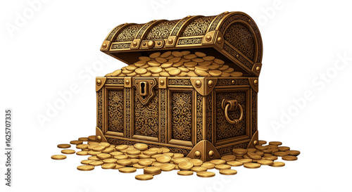 treasure box filled with gold isolated on transparent background ,gold treasure box ,generative ai
