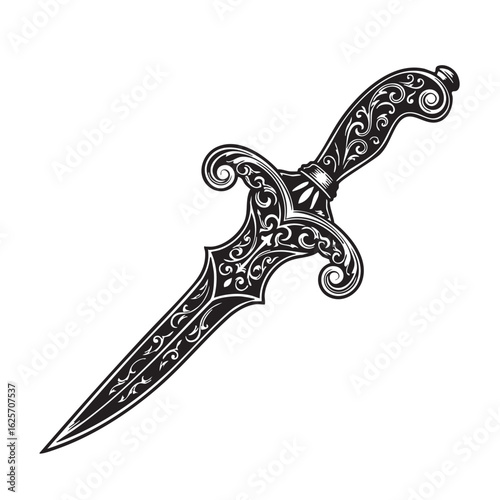 Ornate Dagger Illustration with Intricate Swirls and Sharp Blade a Symbol of Power and Mystique on White Background