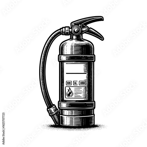 Fire extinguisher engraving black and white outline. Scratch board imitation.  illustrated in vintage line art style on a white background.