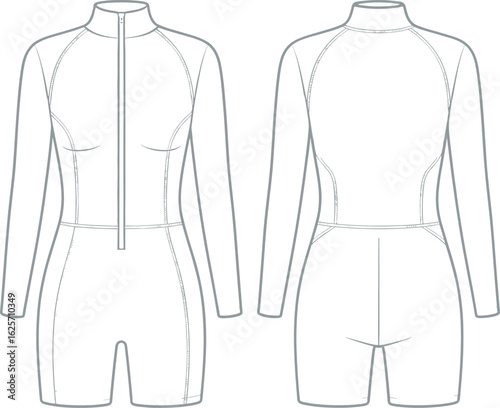 Long sleeve short bodysuit fashion template, cad drawing flat vector illustration, front and back view, apparel design, garment sketch layout