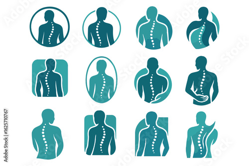 Collection of chiropractic emblems and logos symbolizing spine care, healing, and wellness with diverse design styles, chiropractor health therapies treatment