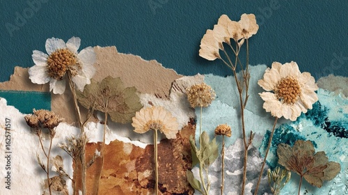 A collage art of pressed flowers with old book skies