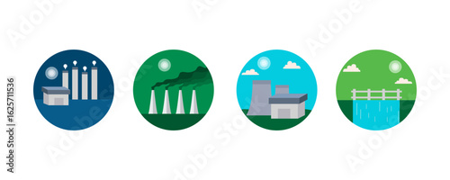 Renewable power plants station resources, Electricity generation source types. Energy mix solar, water, fossil, wind, coal, gas, geothermal and biomass.
