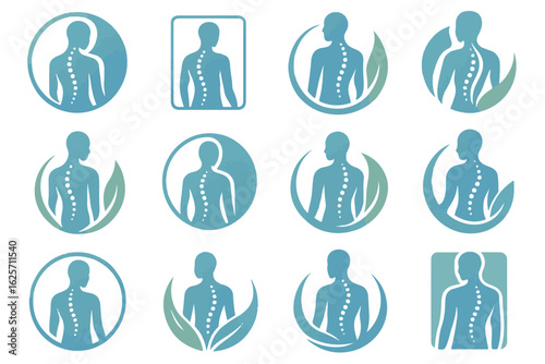 Set of chiropractic logos and emblems showcasing spine alignment and therapeutic benefits in minimalist and stylized designs, chiropractor health therapies treatment