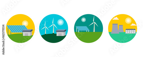 Renewable power plants station resources, Electricity generation source types. Energy mix solar, water, fossil, wind, coal, gas, geothermal and biomass.