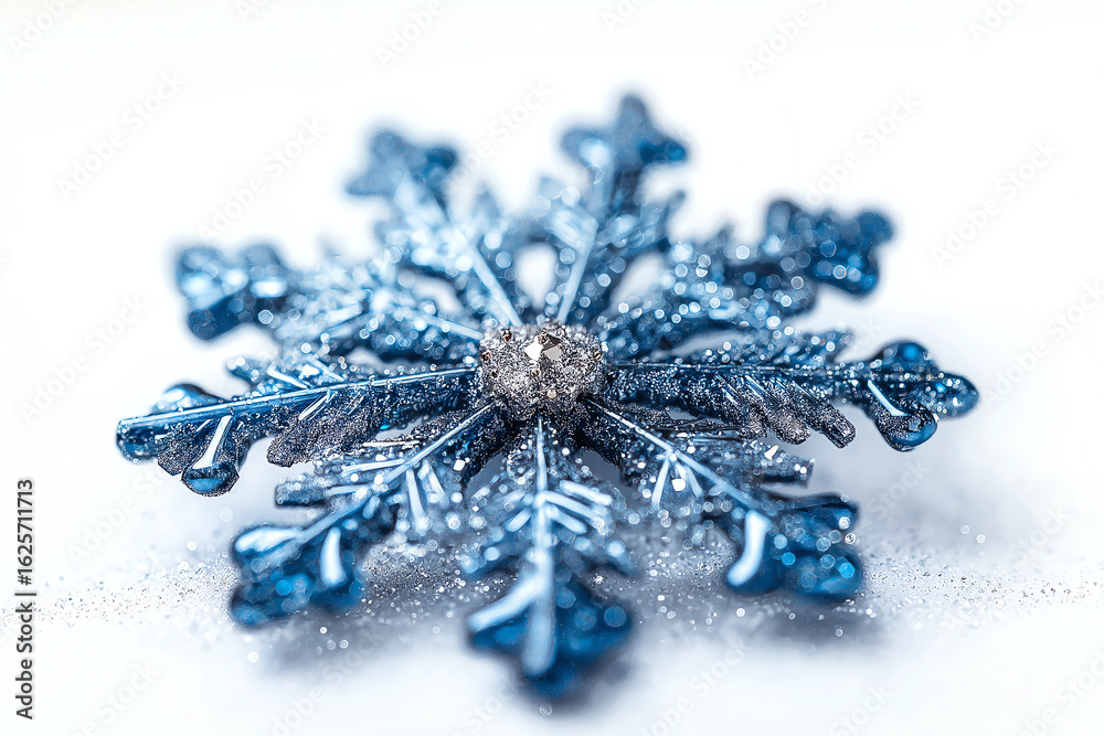Fototapeta premium Sparkling blue snowflake with glittery details on white.