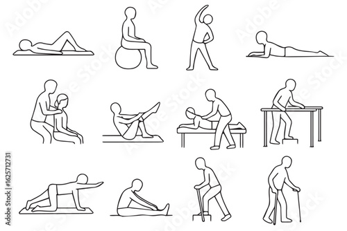 Minimalist exercise illustrations showing physical rehabilitation, stretching, movement therapy, and strength training, with focus on body recovery, chiropractor health therapies treatment