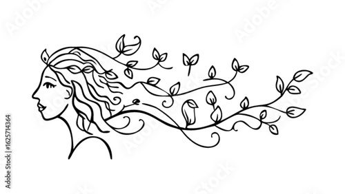 Woman with flowing hair and leaves vector art illustration for beauty and nature themed designs art drawing