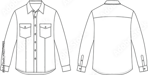 Long sleeve button down shirt, front and back flat sketch, fashion CAD drawing, vector apparel design, detailed technical shirt illustration