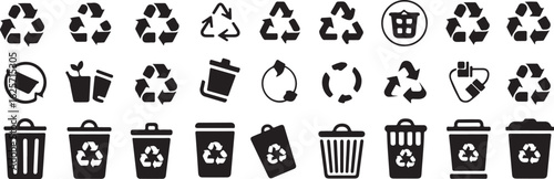 Collection of black recycling symbols and trash cans on white background recycle garbage bin