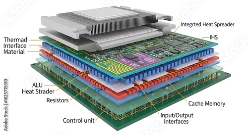 Exploded View of a Modern CPUs Layered Internal Structure with Labeled Components.