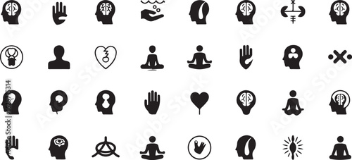 Collection of black silhouette icons representing human thoughts and emotions head brain