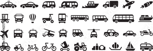 Collection of black transportation icons on white background airplane truck