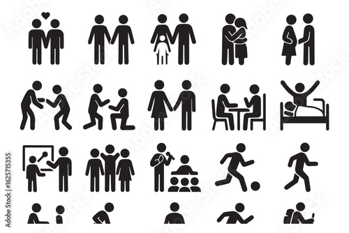 Collection of black silhouette icons showcasing diverse human activities, from family moments to sports, work, and rest, capturing daily life and well being