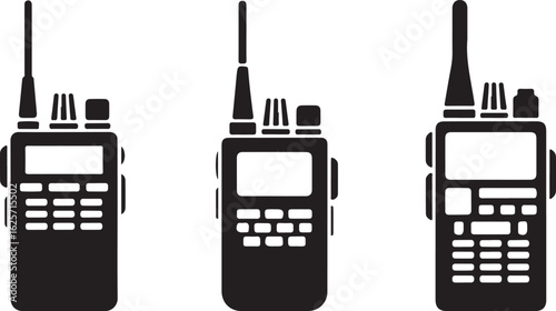 Three black walkie talkie icons on white background radio communication