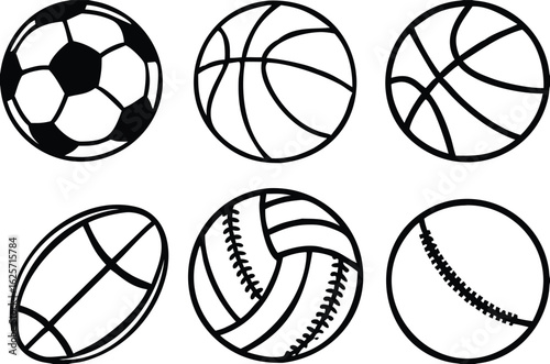 Sport balls set. Ball icons. Balls for Football, Soccer, Basketball, Tennis, Baseball, Volleyball. Vector illustration.