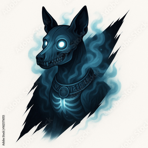 Spiritual Xoloitzcuintli with Glowing Skeleton and Mayan Runes in Dark Vector Style
