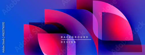 Abstract background features vibrant blue, pink gradients. Overlapping shapes create dynamic visual effect. Modern design elements present.