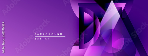 Abstract purple design features overlapping geometric shapes. Gradient colors create depth, modern aesthetic. Background includes text elements.