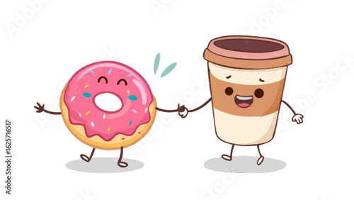 Cute cartoon donut with sprinkles and coffee cup best friends forever illustration vector design