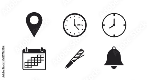 Set of six common icons including location clocks calendar party blower and bell silhouette